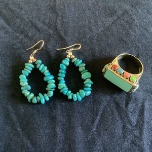 Silver and Turqouise  Semi Precious Stone Earring and Ring set
